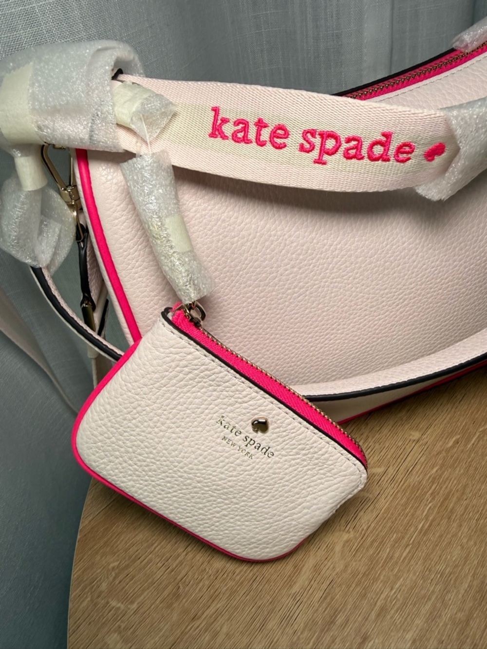 kate spade New York Pink Pebbled Leather Shoulder Bag with Hot Pink Trim - Picture 4 of 10